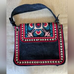 Embroidered Black and Red Suede Women's Bag/Purse